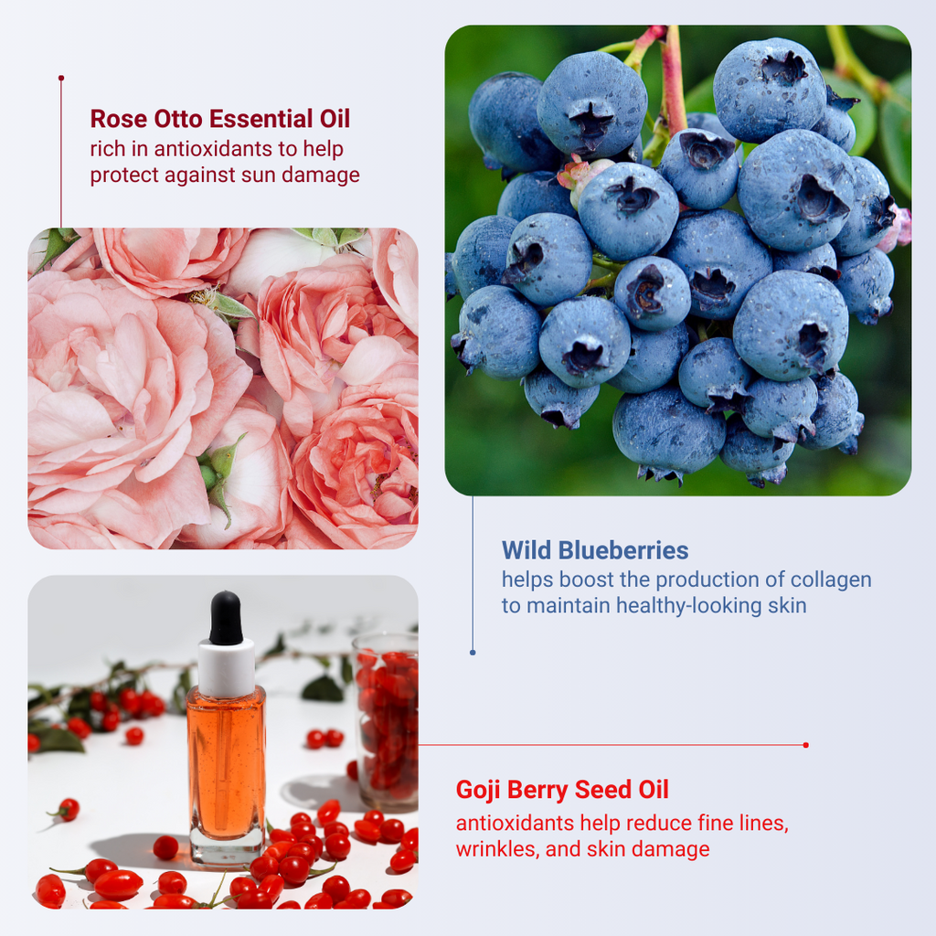 Rose Otto Essential Oil, Gogi Berry Seed Oil, and Wild Blueberries are the ingredients that benefit the user most