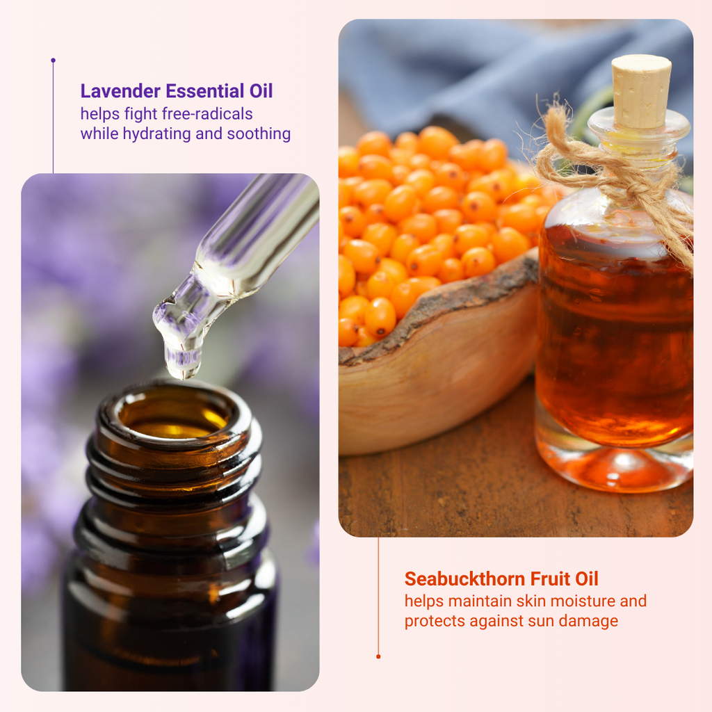 Lavender Essential Oil and Seabuckthorn Fruit Oil are the ingredients that benefit the user most